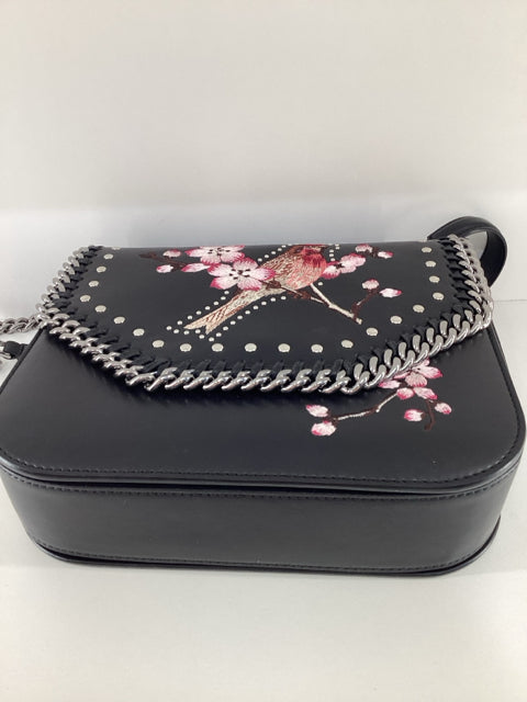 Pre Owned Stella Mccartney Black Vegan Leather Xbody Embroidered Bird/Floral W/ Dustbag