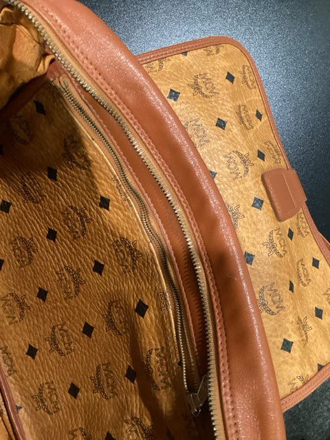 MCM Tan and Black Leather Messenger with gold front buckle Designer Bag