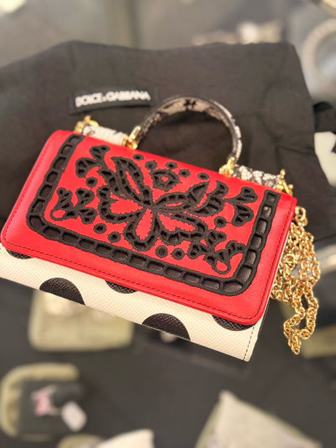 Pre Owned Dolce & Gabana Red, Black and White Leather Mini Designer Bag W/ Dustbag