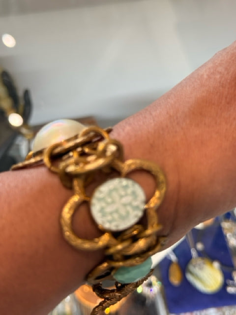 Stephen Dweck Bracelet Brass w Turquoise & Mother of Pearl