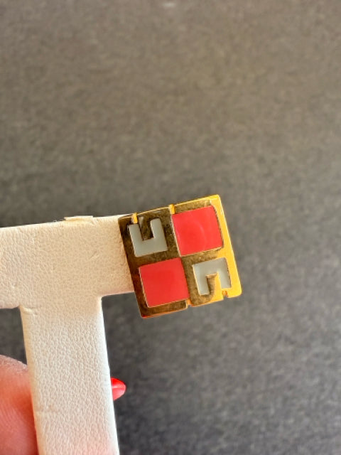 Givenchy Gold VTG Square G Salmon/Gray PARIS/NEW YORK 1978 Designer Earrings
