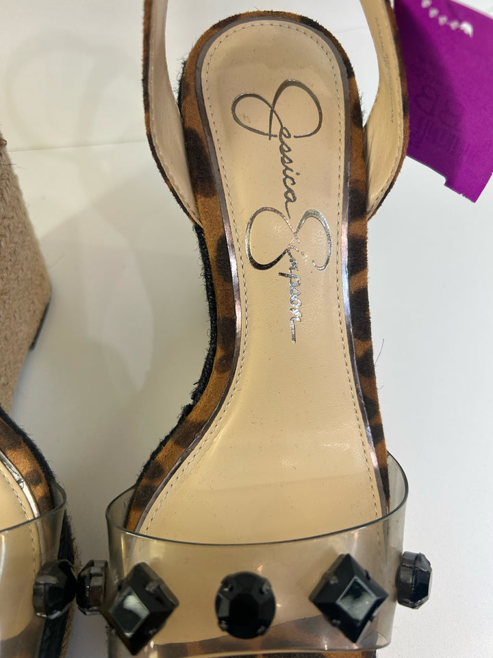 Jessica Simpson Open Toe Clear w Black Stone Wedge Sandals Sz 6