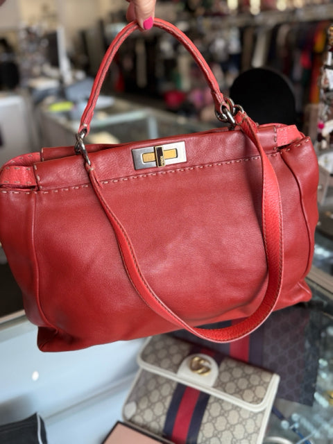 Fendi Leather Oxblood Red Designer Hand Bag w/ Strap