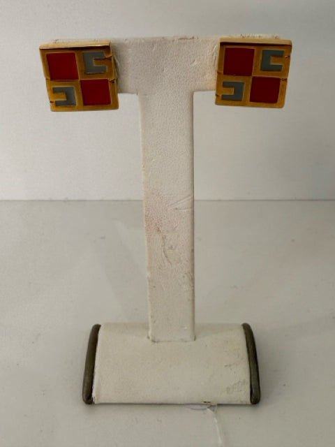 Givenchy Gold VTG Square G Salmon/Gray PARIS/NEW YORK 1978 Designer Earrings