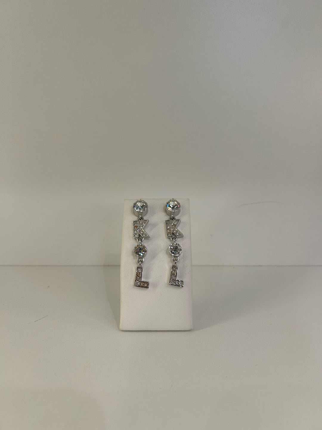 Vintage Karl Lagerfeld Pierced 2" Rhinestone K.L Dangle Earrings