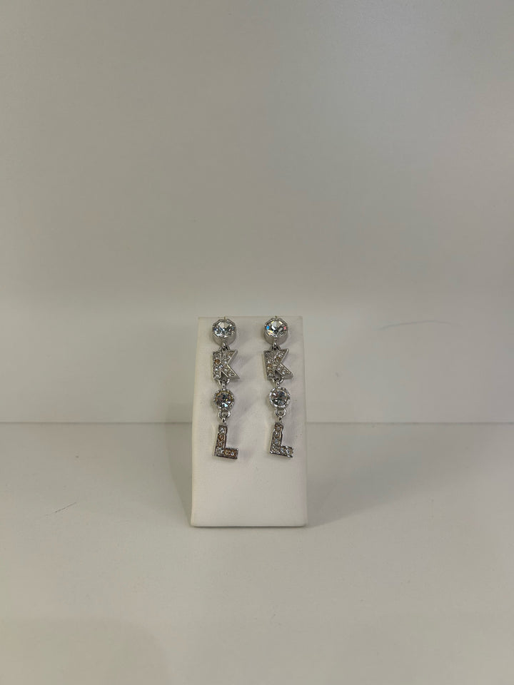 Vintage Karl Lagerfeld Pierced 2" Rhinestone K.L Dangle Earrings