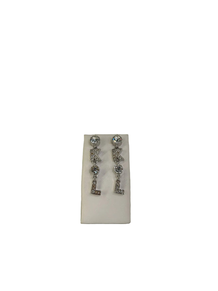 Vintage Karl Lagerfeld Pierced 2" Rhinestone K.L Dangle Earrings