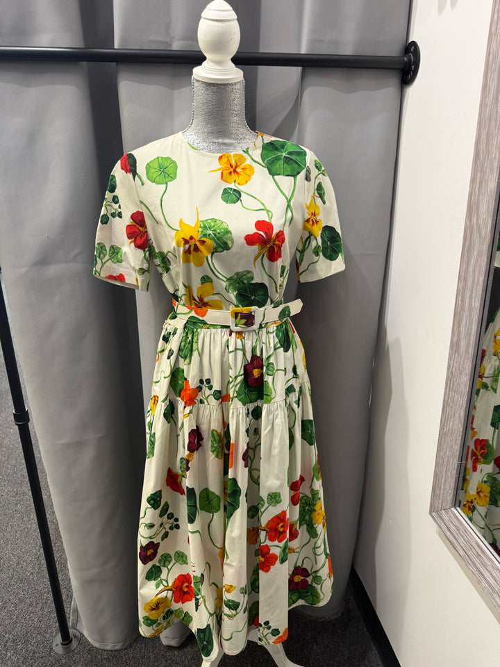 Oscar De La Renta Multi Floral Print w Belt Dress Size 6