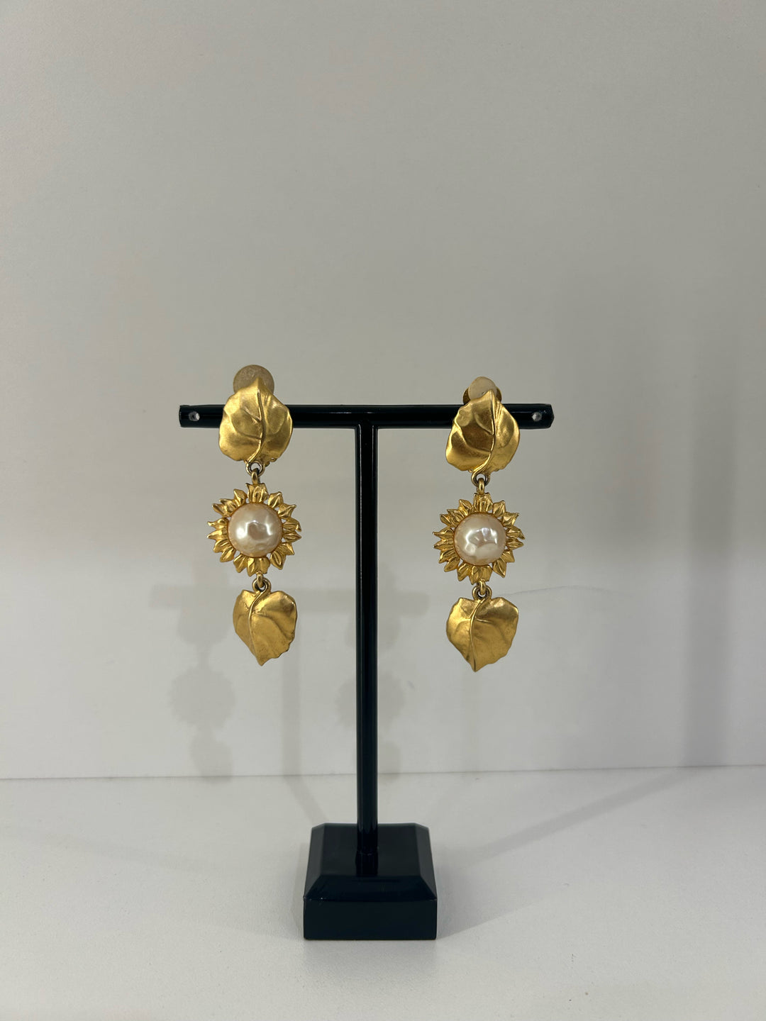 Vintage Karl Lagerfeld Clip On Matte Gold 2" Double Leaf Earrings
