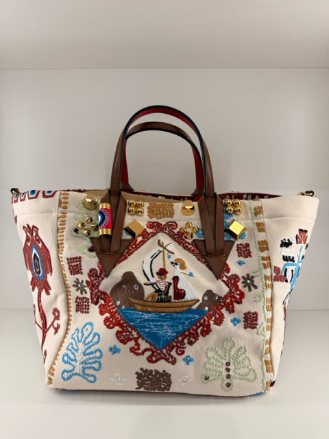 Pre Owned Christian Louboutin Tan Canvas Greekaba Embrd Crossbody w/ Dustbag Designer