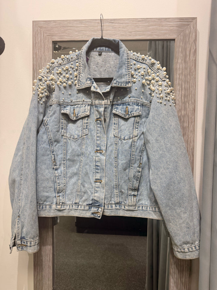 Classic Jacket Vintage Wash Jean Jacket w/ Pearls Sz XL