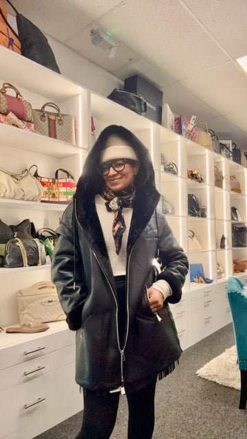 NWT Reversible Faux & Leather With Hood Coat Jacket. Sz L