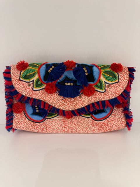 Pre Owned Tory Burch Fold Over Bead and Tassel Clutch Bag.