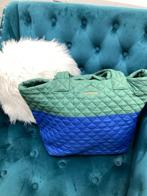 Pre Owned Mz Wallace Nylon Green/Blue X LARGE 2 Strap Quilted Tote Bag