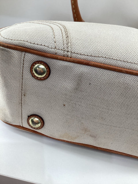 Pre Owned Coach Beige Leather handles w/coach logo and C logo scarf Tote Bag.