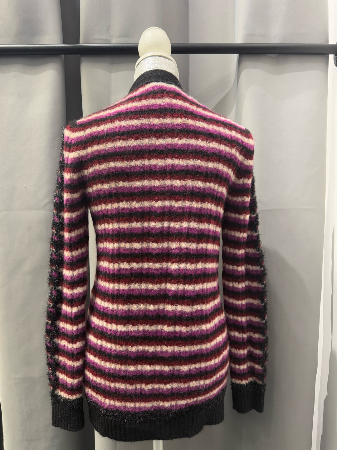 Chanel L/S V Neck Alpaca Striped Black Trim Cardigan Size 34