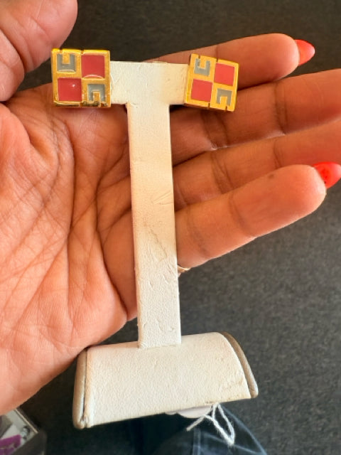 Givenchy Gold VTG Square G Salmon/Gray PARIS/NEW YORK 1978 Designer Earrings