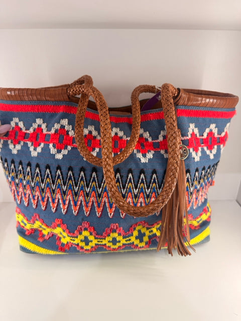 Pre Owned Tory Burch Medium Woven Handle Crochet Denim & Multi Color Tote