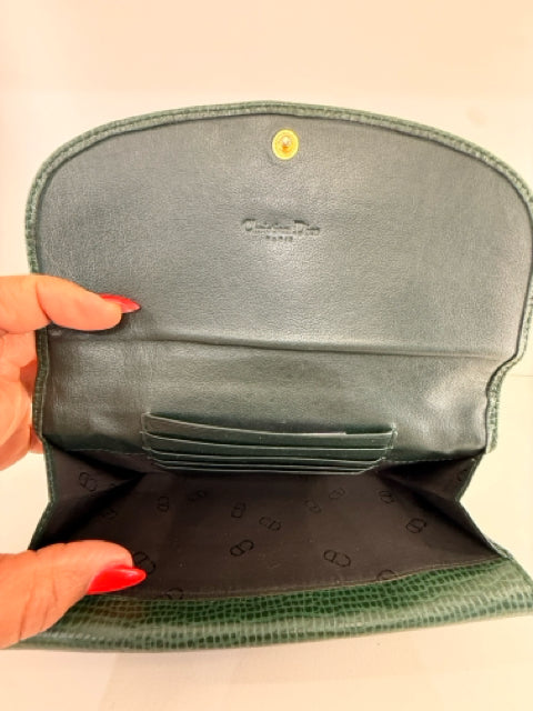 Vintage Christian Dior Green Leather Wallet w/ Gold CD Hardware