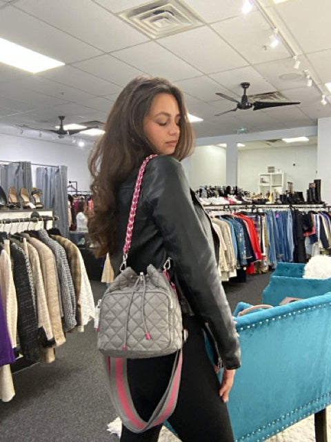 NWT Mz Wallace Medium Nylon Greyw/ Pink Accents Cross Body Bucket Bag.