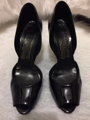 Salvatore Ferragamo D'Orsay Black Patent Leather Pump Rainbow Stripe Heel Shoe