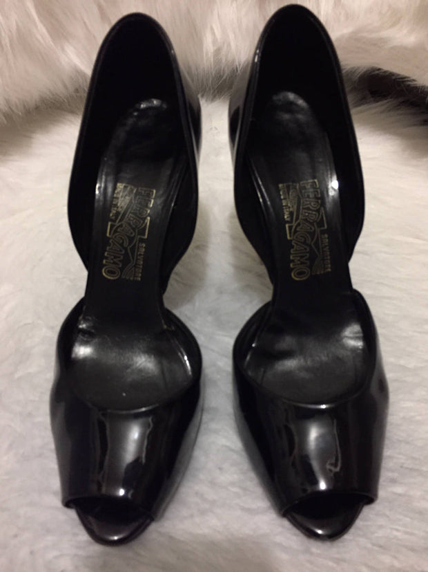 Salvatore Ferragamo D'Orsay Black Patent Leather Pump Rainbow Stripe Heel Shoe
