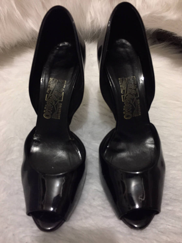 Salvatore Ferragamo D'Orsay Black Patent Leather Pump Rainbow Stripe Heel Shoe
