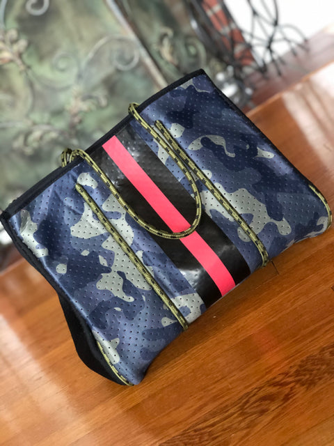 Neoprene Green Camo Orange Neon Stripe Tote