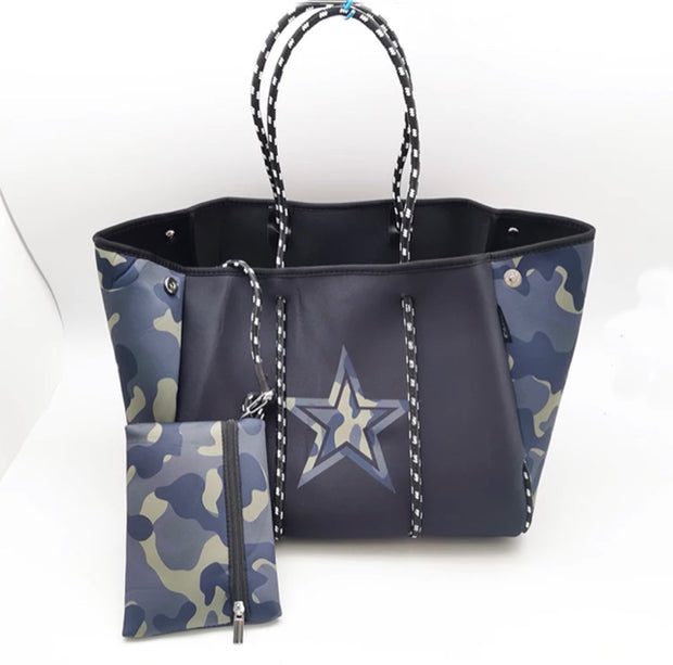 Neoprene Green Camo w Star Tote