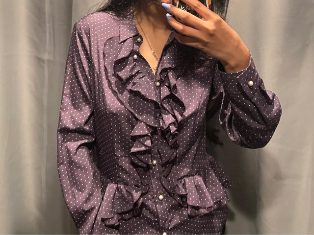 LOVE MOSCHINO Blouse Purple Dot Sz 4 Ruffle Collar