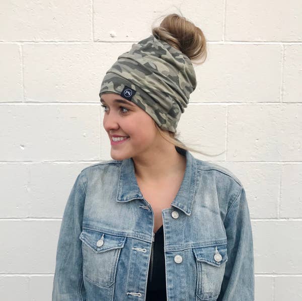 Camo Messy Bun Peek a Boo Beanie / Face Covering