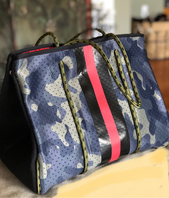 Neoprene Green Camo Orange Neon Stripe Tote