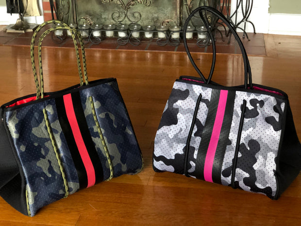 Neoprene Gray Camo w Pink Neon Stripe Tote