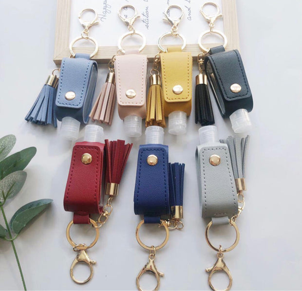 Vegan Leather Sanitizer holder Tassel Keychain
