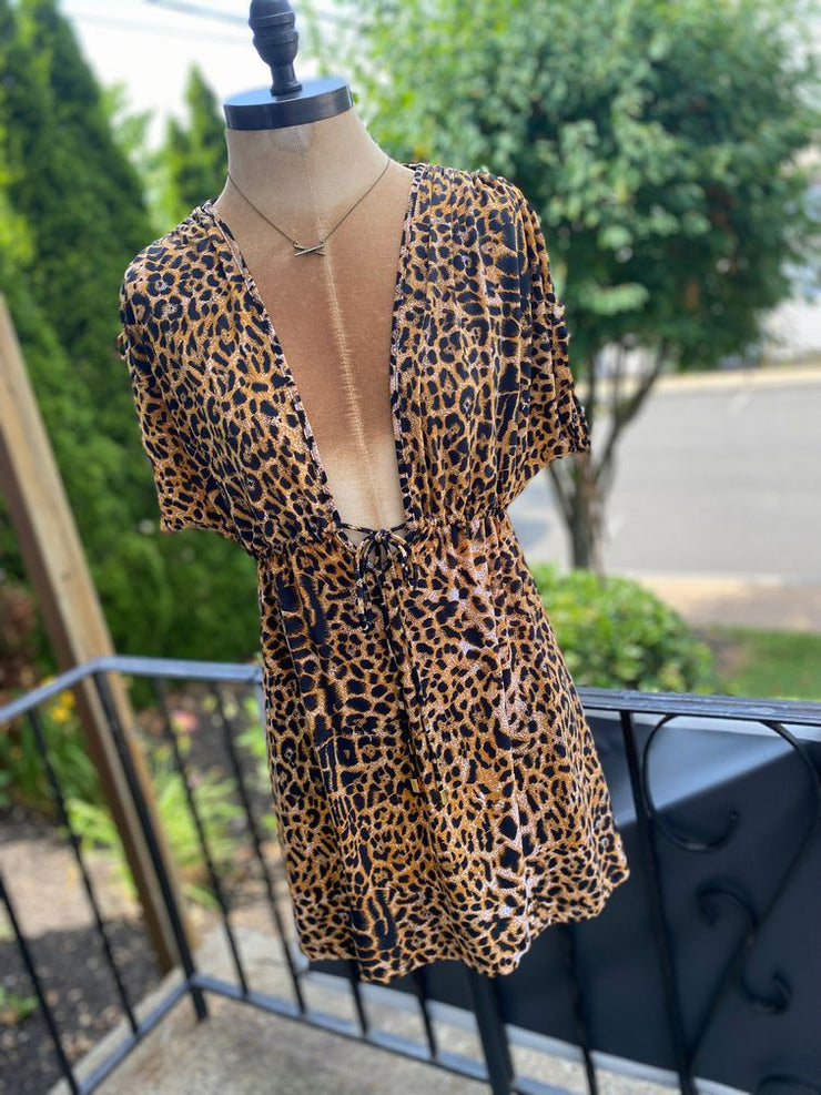 Vix Paula Hermanny Leopard Deep V-Neck Sz Small  Top