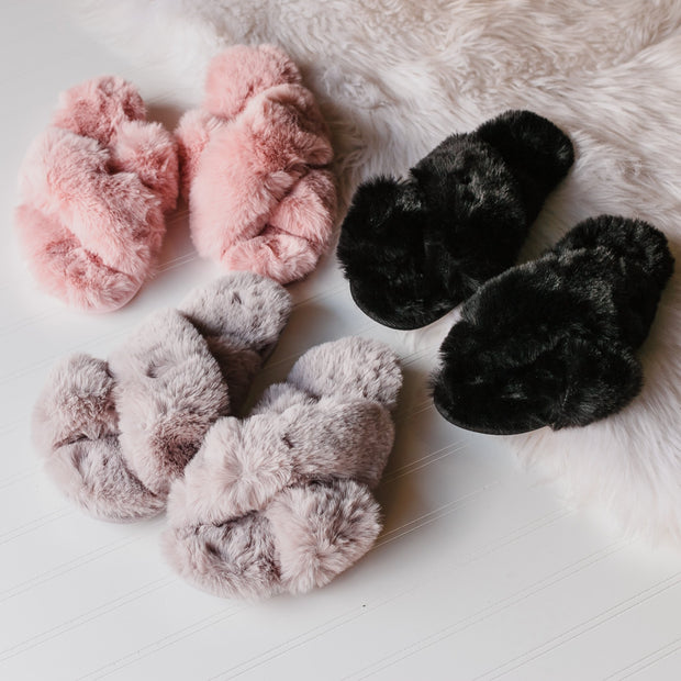 Black Fuzzy Criss Cross Slippers  (L) 9/10
