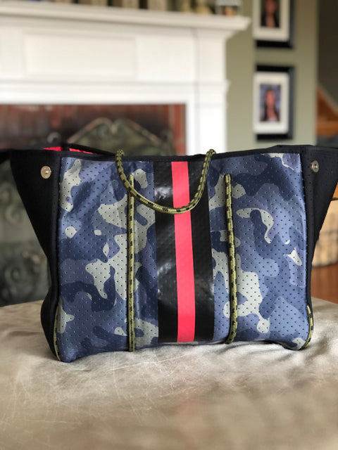 Neoprene Green Camo Orange Neon Stripe Tote