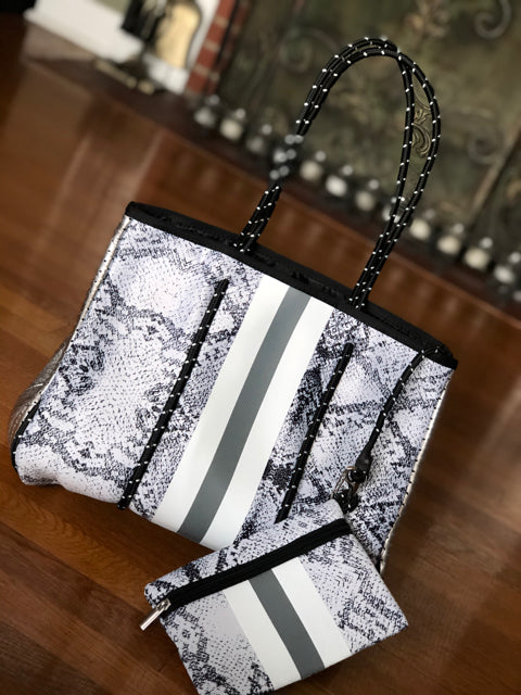 Neoprene Gray Python Print Tote