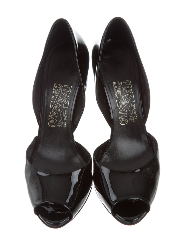 Salvatore Ferragamo D'Orsay Black Patent Leather Pump Rainbow Stripe Heel Shoe