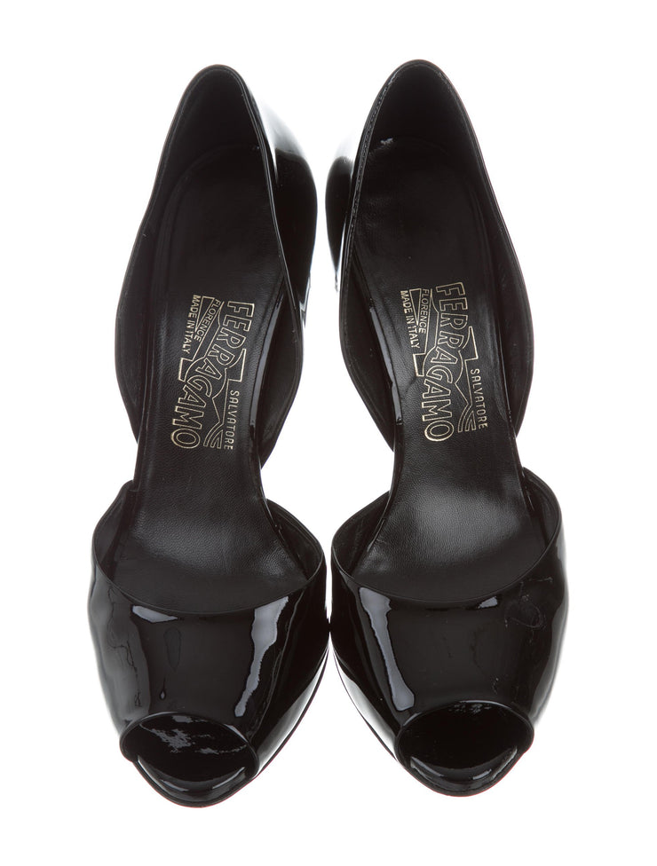 Salvatore Ferragamo D'Orsay Black Patent Leather Pump Rainbow Stripe Heel Shoe