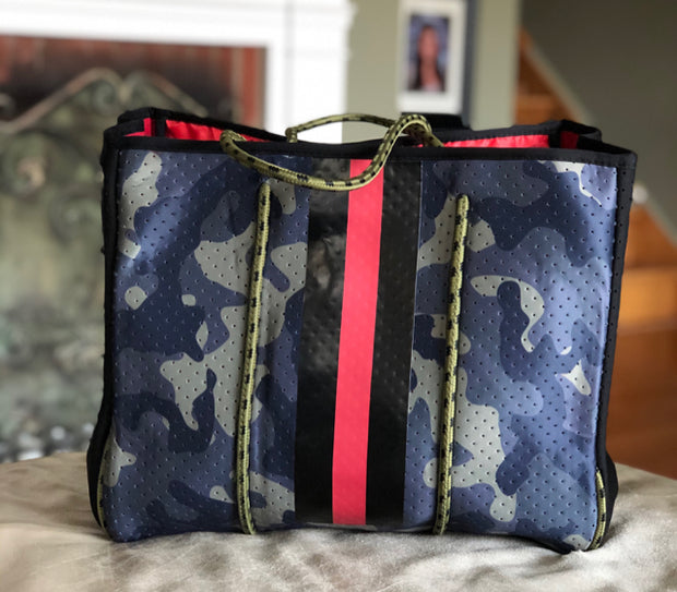 Neoprene Green Camo Orange Neon Stripe Tote