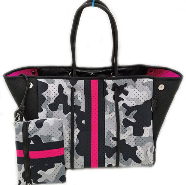 Neoprene Gray Camo w Pink Neon Stripe Tote