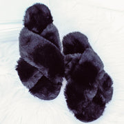 Black Fuzzy Criss Cross Slippers  (L) 9/10