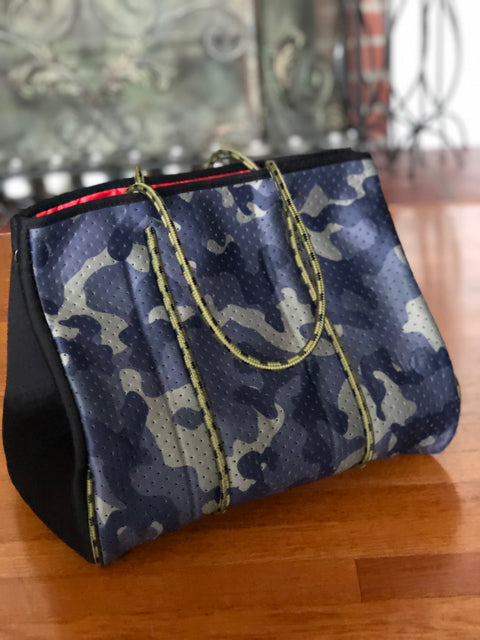 Neoprene Green Camo Orange Neon Stripe Tote