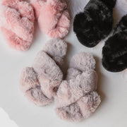 Black Fuzzy Criss Cross Slippers  (L) 9/10