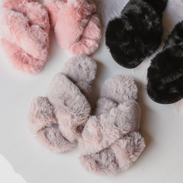 Black Fuzzy Criss Cross Slippers  (L) 9/10