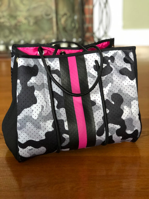 Neoprene Gray Camo w Pink Neon Stripe Tote