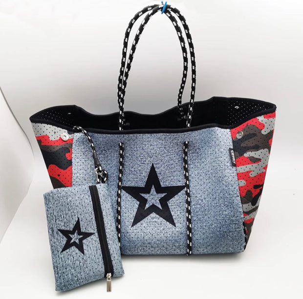 Neoprene Red Camo w Star Tote
