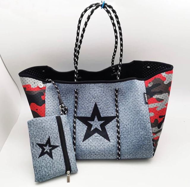 Neoprene Red Camo w Star Tote