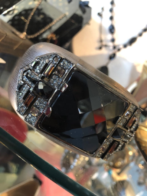 Alexis Bittar Lucite  Statement Bracelet

large wide hinged 

1.25" Dark Brown faceted stone 

CZ/Dark Brown stones at each side of large stone